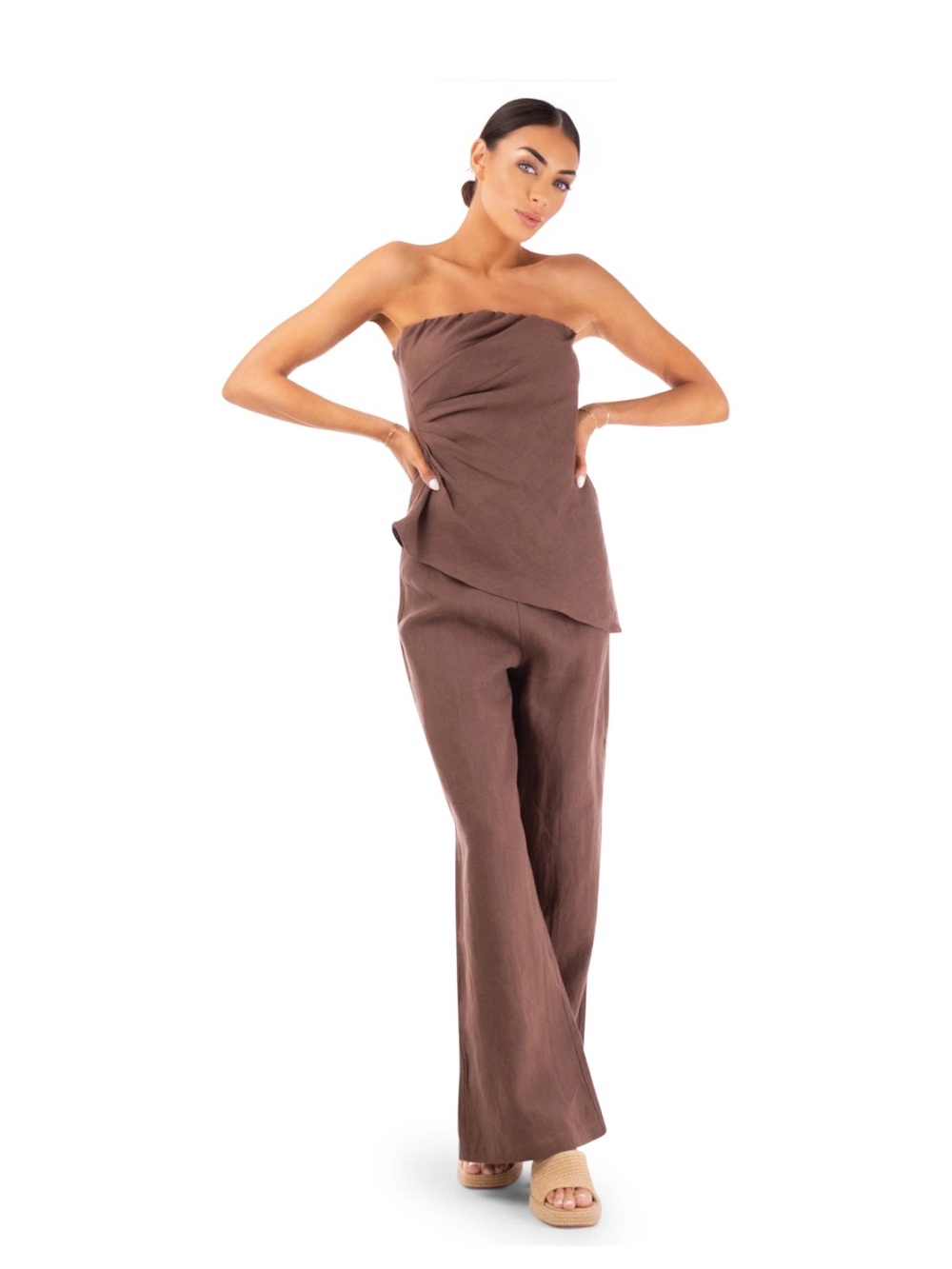 Strapless Brown Linen Blend Jumpsuit